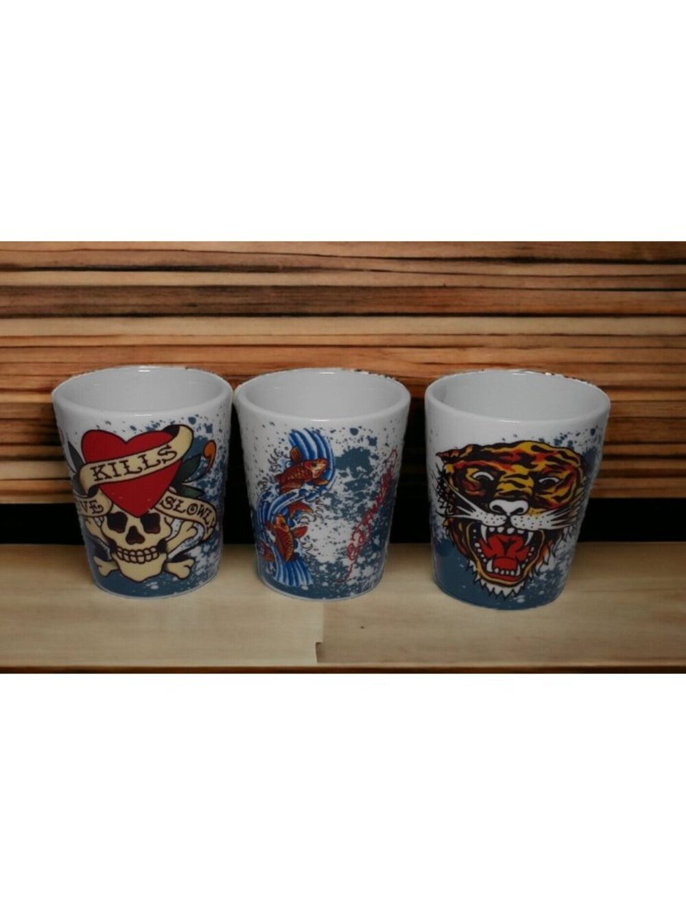 3 Ed Hardy Skull Fish Tiger Shot Glasses  LOVE KILLS SLOWLY  2 oz Each